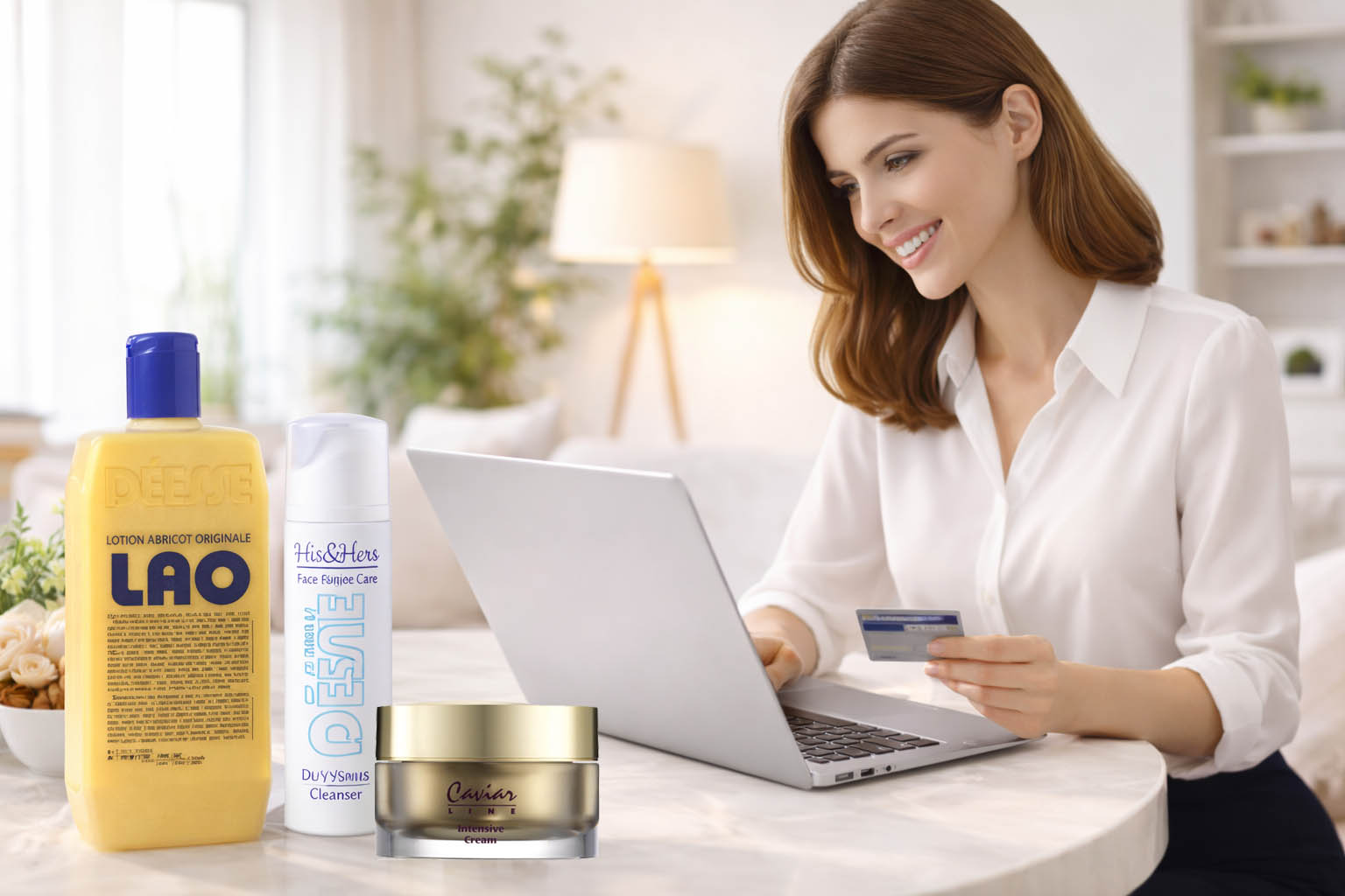 Frau bestellt Déesse Produkte online und sucht passende Kosmetik im Produktkatalog